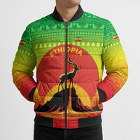 Ethiopia Christmas Bomber Puffer Jacket with Mountain Gazelle Sunset Ethiopian Flag Colors and Tribal Pattern Design - Wonder Print Shop
