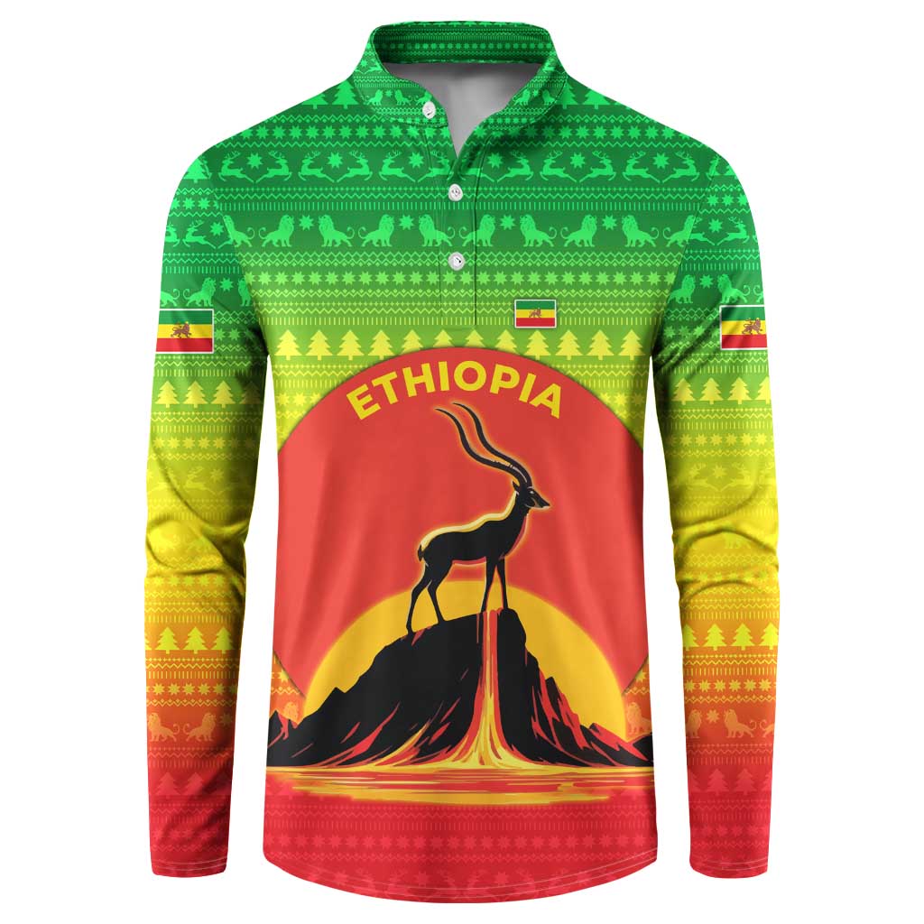 Ethiopia Christmas Button Sweatshirt with Mountain Gazelle Sunset Ethiopian Flag Colors and Tribal Pattern Design - Wonder Print Shop