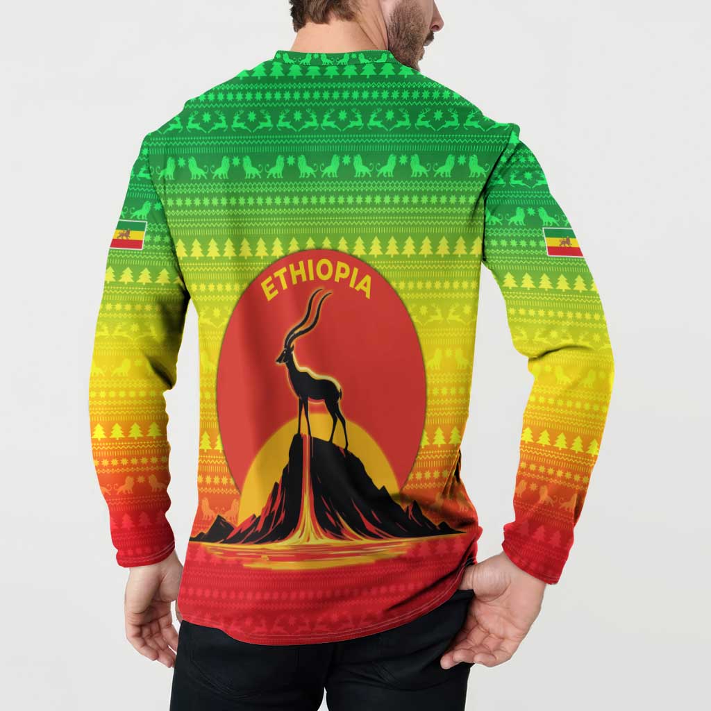 Ethiopia Christmas Button Sweatshirt with Mountain Gazelle Sunset Ethiopian Flag Colors and Tribal Pattern Design - Wonder Print Shop
