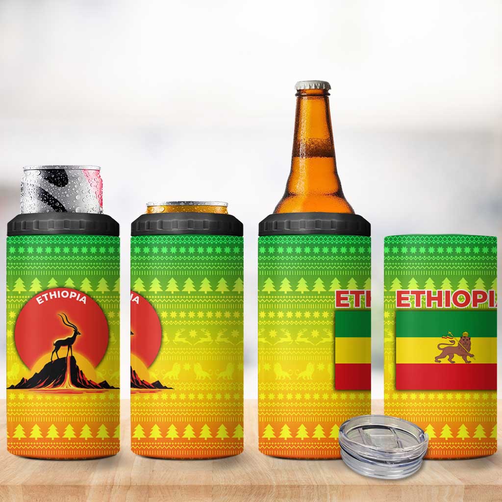 Ethiopia Christmas 4 in 1 Can Cooler Tumbler with Mountain Gazelle Sunset Ethiopian Flag Colors and Tribal Pattern Design - Wonder Print Shop