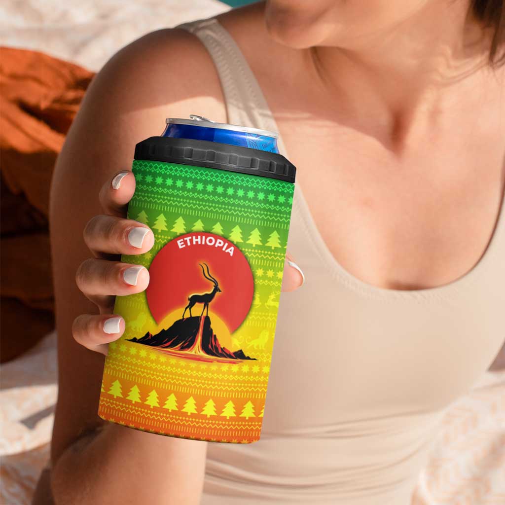 Ethiopia Christmas 4 in 1 Can Cooler Tumbler with Mountain Gazelle Sunset Ethiopian Flag Colors and Tribal Pattern Design - Wonder Print Shop