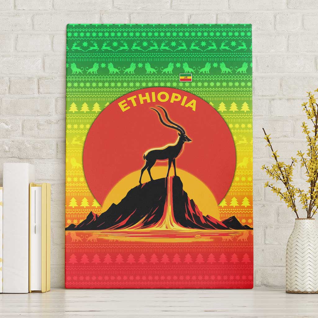 Ethiopia Christmas Canvas Wall Art with Mountain Gazelle Sunset Ethiopian Flag Colors and Tribal Pattern Design - Wonder Print Shop