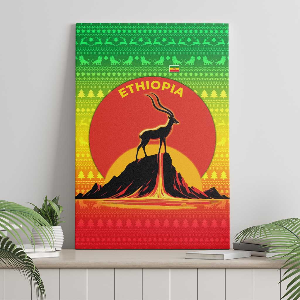 Ethiopia Christmas Canvas Wall Art with Mountain Gazelle Sunset Ethiopian Flag Colors and Tribal Pattern Design - Wonder Print Shop