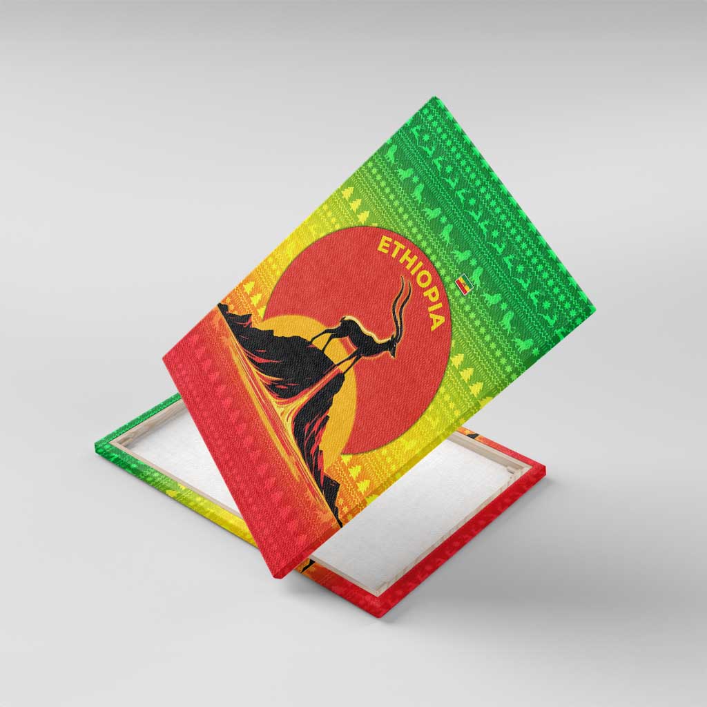 Ethiopia Christmas Canvas Wall Art with Mountain Gazelle Sunset Ethiopian Flag Colors and Tribal Pattern Design - Wonder Print Shop