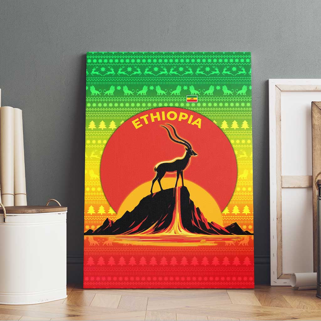 Ethiopia Christmas Canvas Wall Art with Mountain Gazelle Sunset Ethiopian Flag Colors and Tribal Pattern Design - Wonder Print Shop