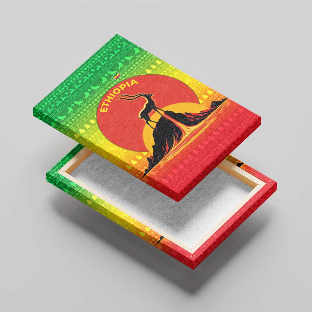 Ethiopia Christmas Canvas Wall Art with Mountain Gazelle Sunset Ethiopian Flag Colors and Tribal Pattern Design - Wonder Print Shop
