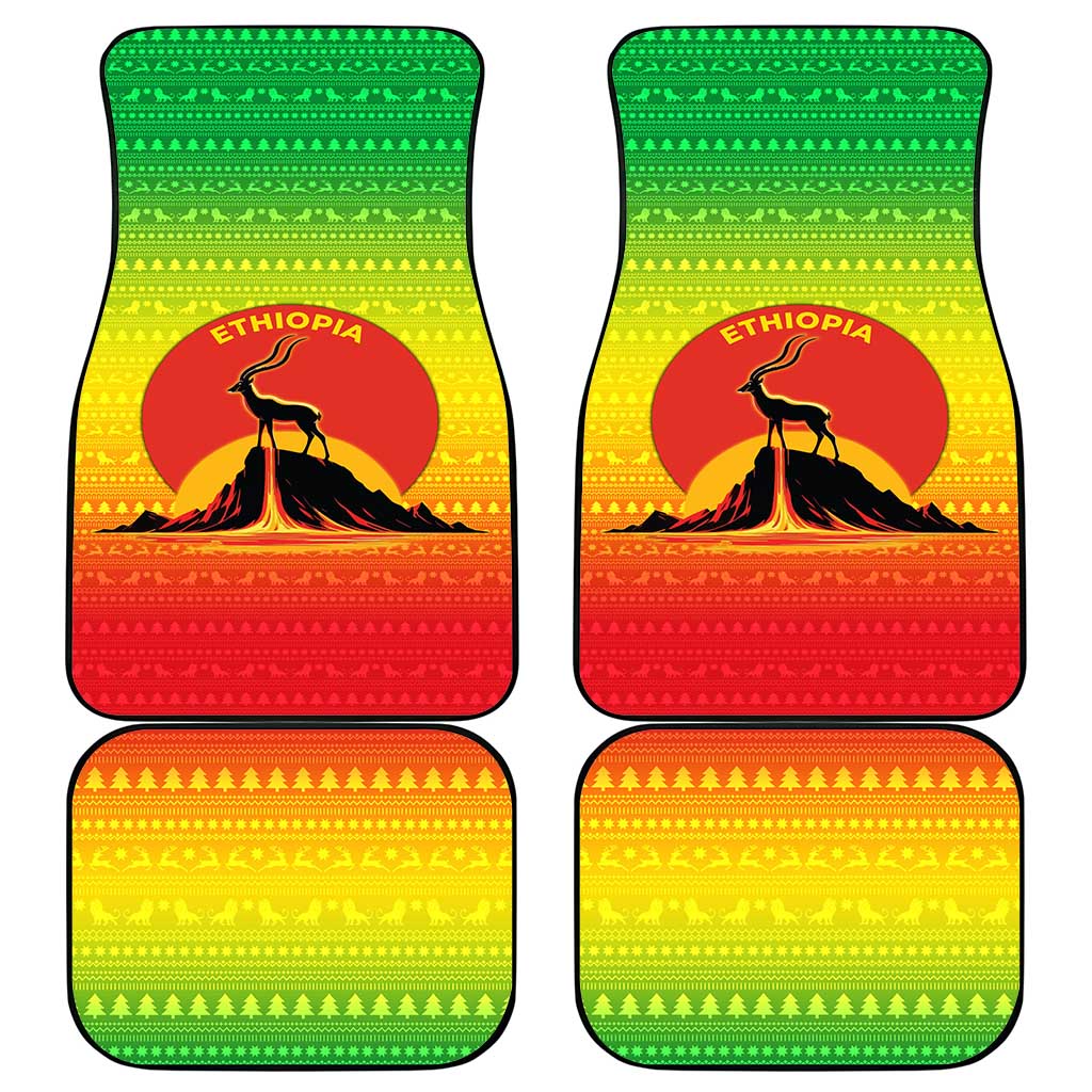 Ethiopia Christmas Car Mats with Mountain Gazelle Sunset Ethiopian Flag Colors and Tribal Pattern Design - Wonder Print Shop