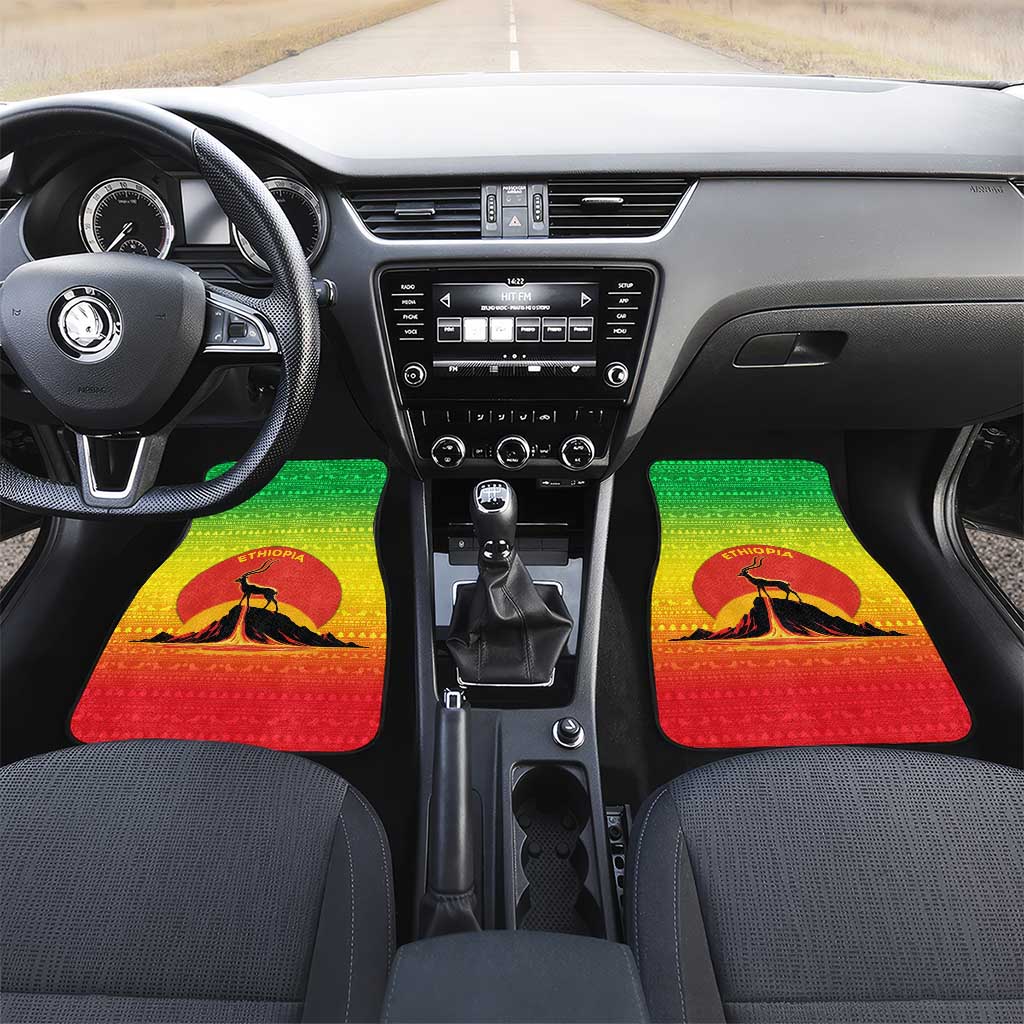 Ethiopia Christmas Car Mats with Mountain Gazelle Sunset Ethiopian Flag Colors and Tribal Pattern Design - Wonder Print Shop