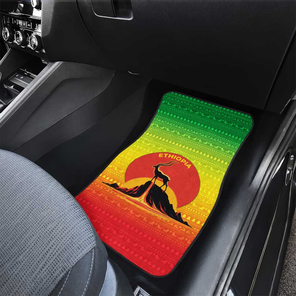 Ethiopia Christmas Car Mats with Mountain Gazelle Sunset Ethiopian Flag Colors and Tribal Pattern Design - Wonder Print Shop