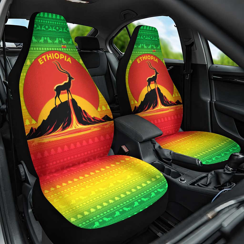 Ethiopia Christmas Car Seat Cover with Mountain Gazelle Sunset Ethiopian Flag Colors and Tribal Pattern Design - Wonder Print Shop