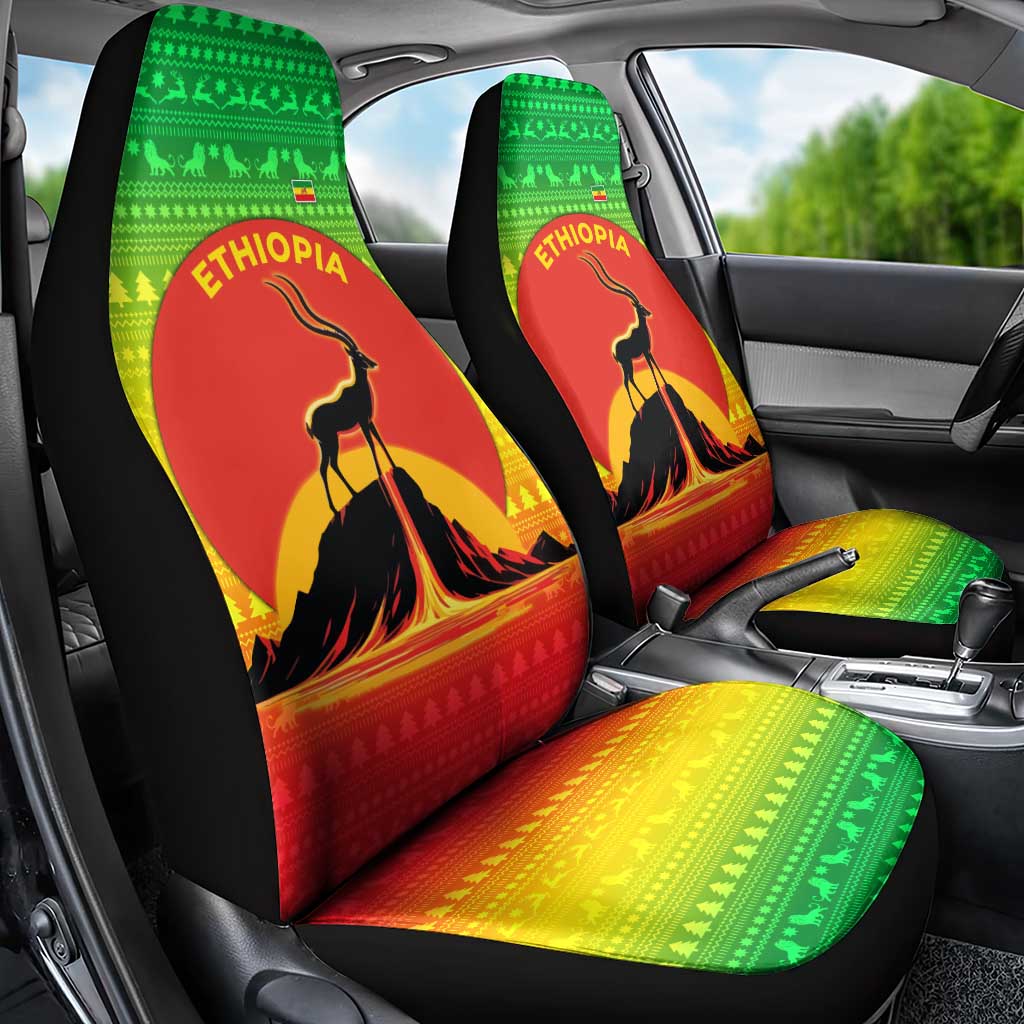 Ethiopia Christmas Car Seat Cover with Mountain Gazelle Sunset Ethiopian Flag Colors and Tribal Pattern Design - Wonder Print Shop