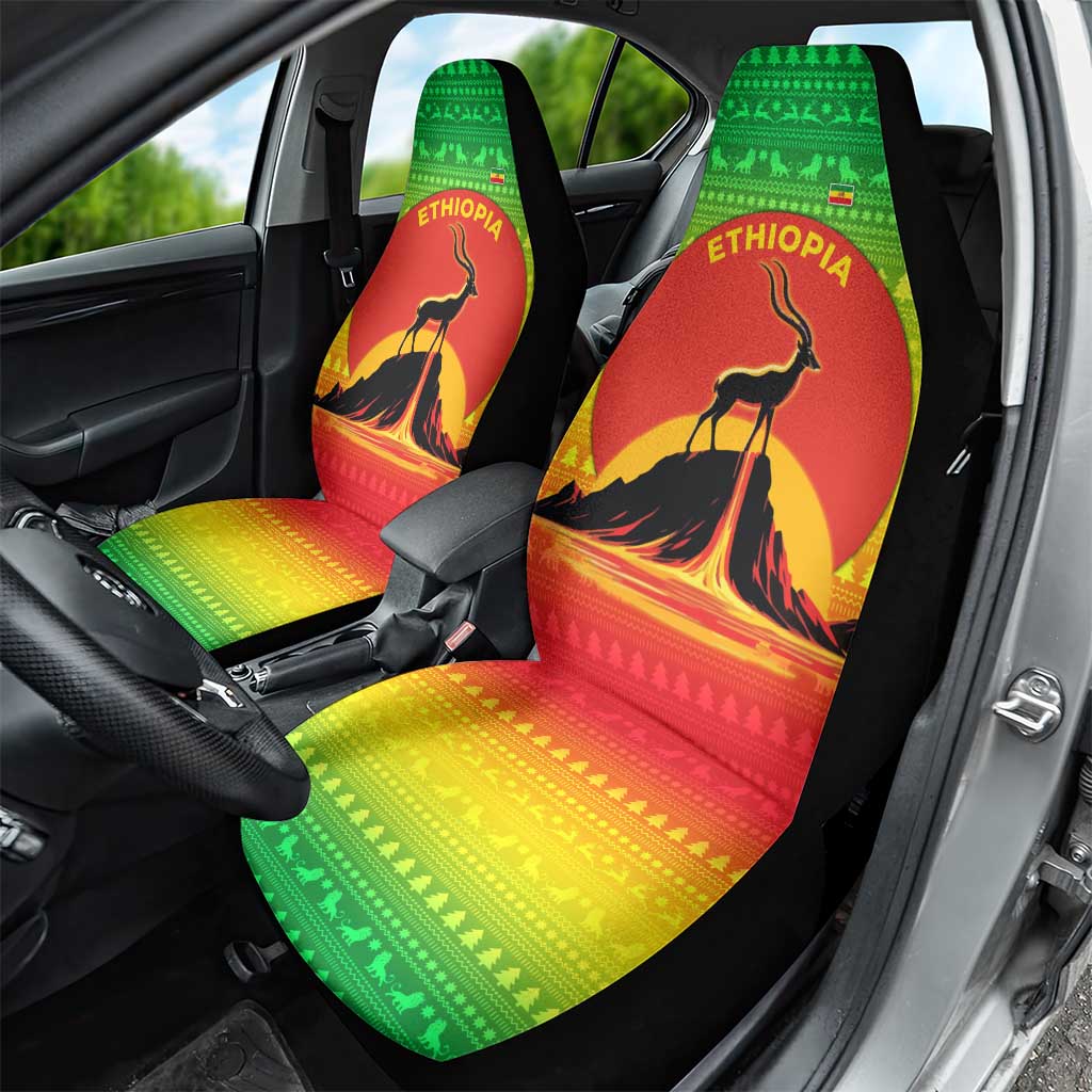 Ethiopia Christmas Car Seat Cover with Mountain Gazelle Sunset Ethiopian Flag Colors and Tribal Pattern Design - Wonder Print Shop