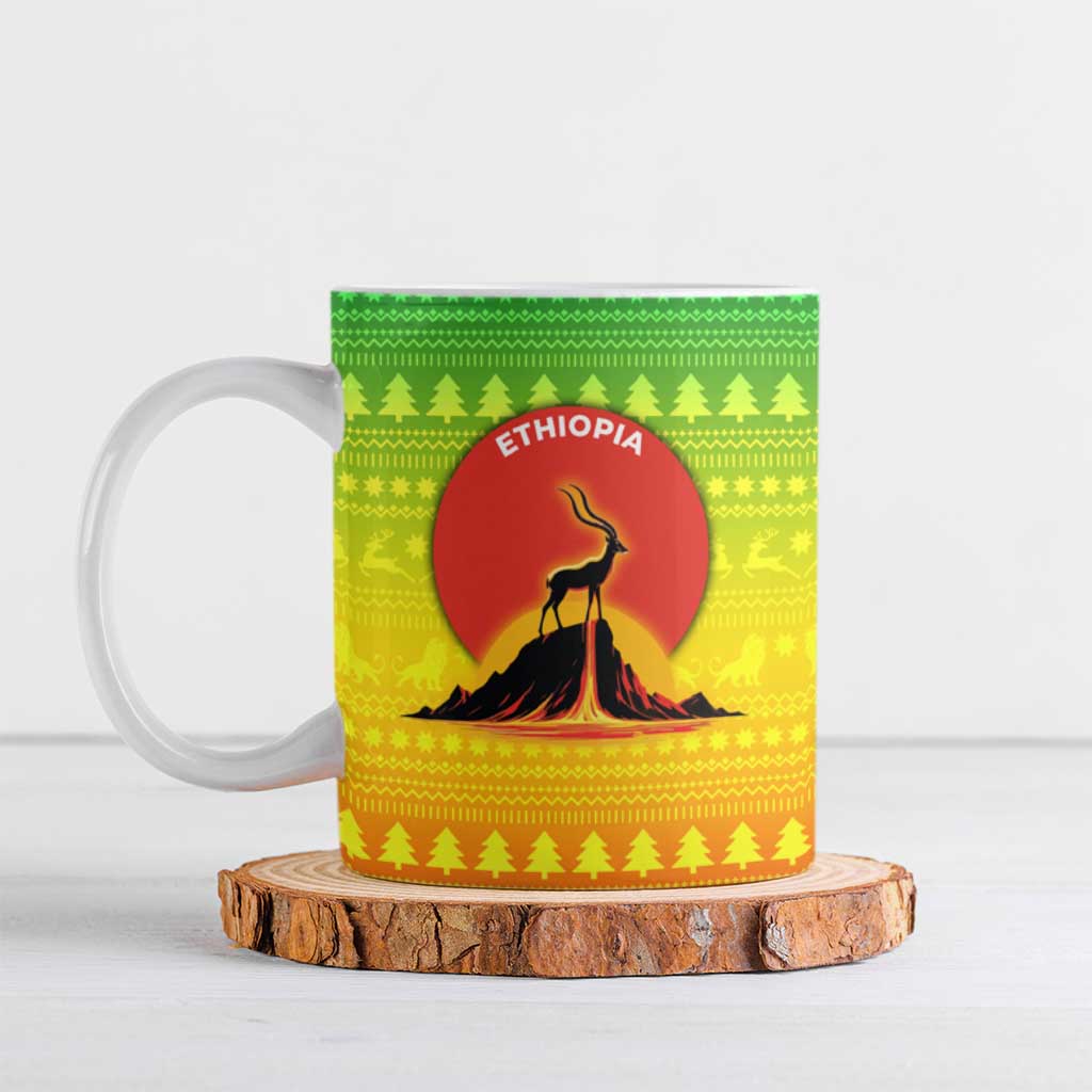 Ethiopia Christmas Ceramic Mug with Mountain Gazelle Sunset Ethiopian Flag Colors and Tribal Pattern Design - Wonder Print Shop