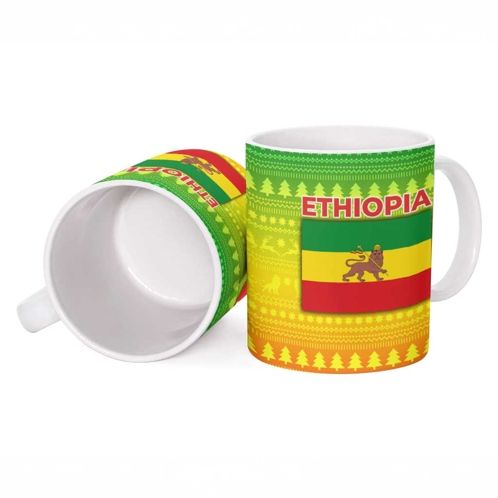 Ethiopia Christmas Ceramic Mug with Mountain Gazelle Sunset Ethiopian Flag Colors and Tribal Pattern Design - Wonder Print Shop