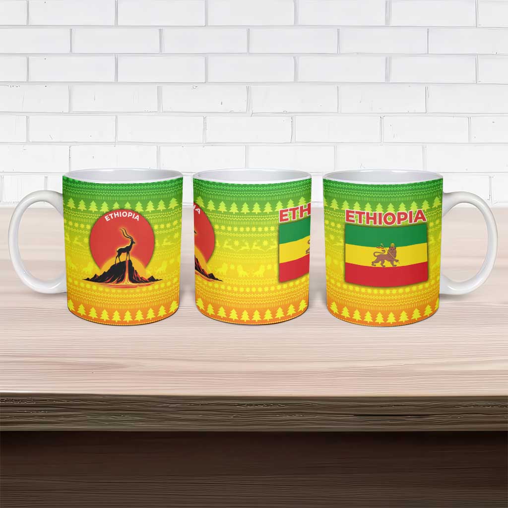 Ethiopia Christmas Ceramic Mug with Mountain Gazelle Sunset Ethiopian Flag Colors and Tribal Pattern Design - Wonder Print Shop