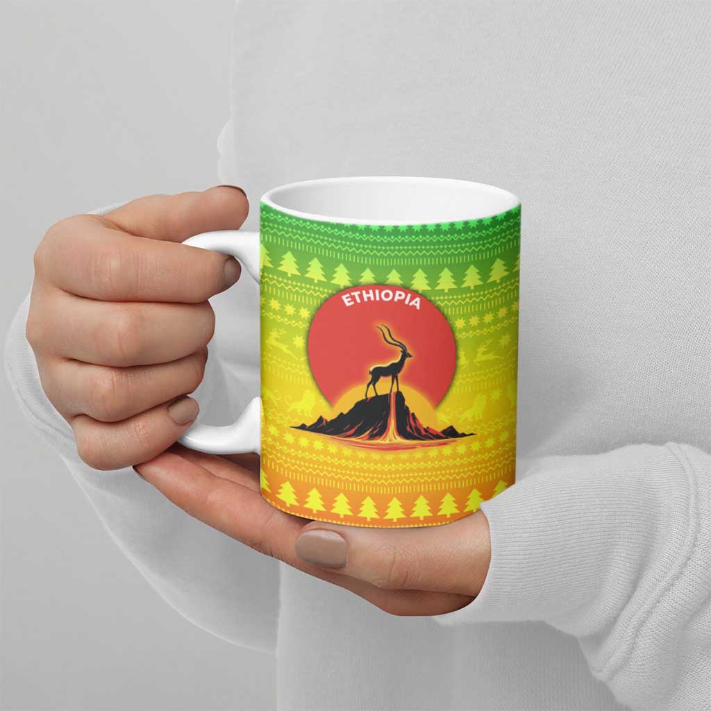 Ethiopia Christmas Ceramic Mug with Mountain Gazelle Sunset Ethiopian Flag Colors and Tribal Pattern Design - Wonder Print Shop