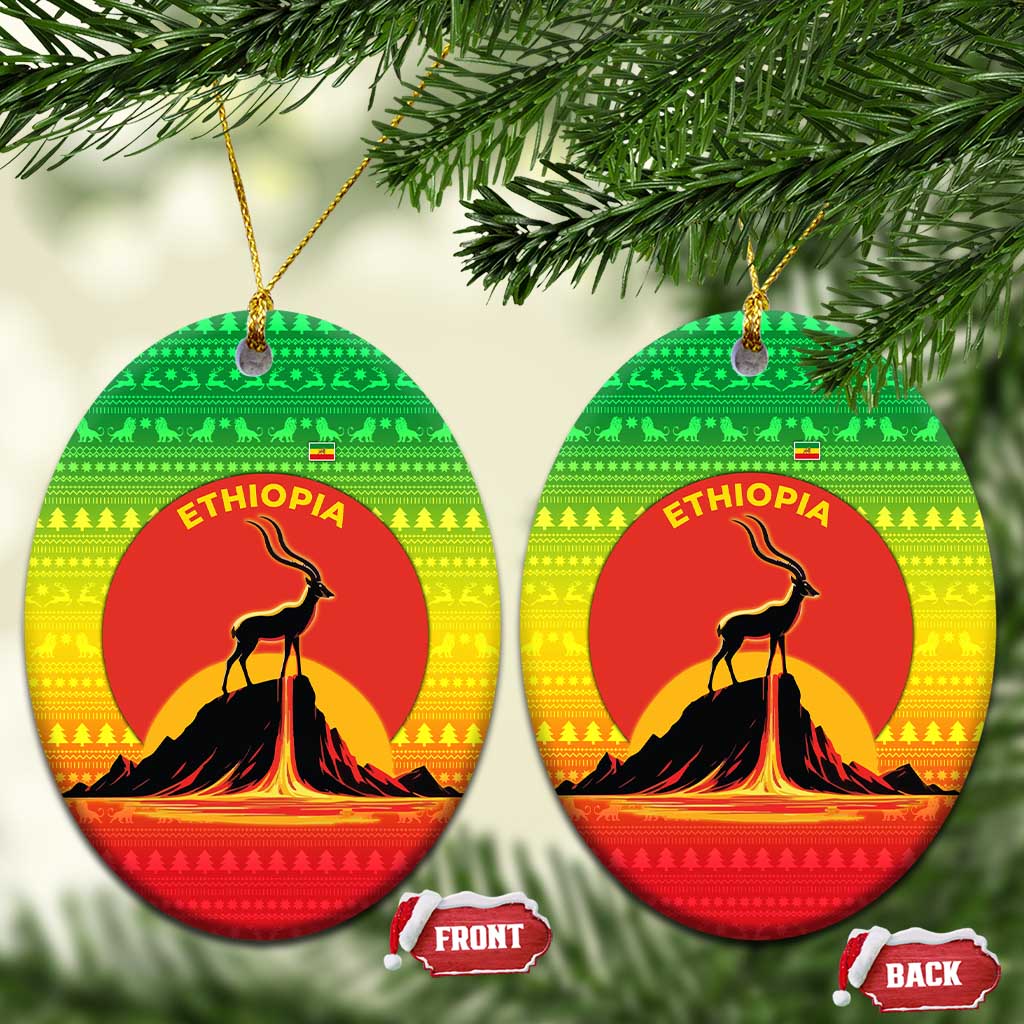 Ethiopia Christmas Ceramic Ornament with Mountain Gazelle Sunset Ethiopian Flag Colors and Tribal Pattern Design - Wonder Print Shop