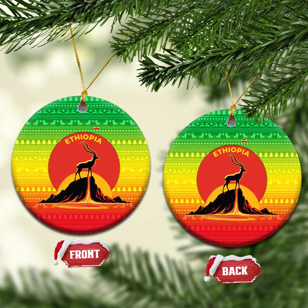 Ethiopia Christmas Ceramic Ornament with Mountain Gazelle Sunset Ethiopian Flag Colors and Tribal Pattern Design - Wonder Print Shop