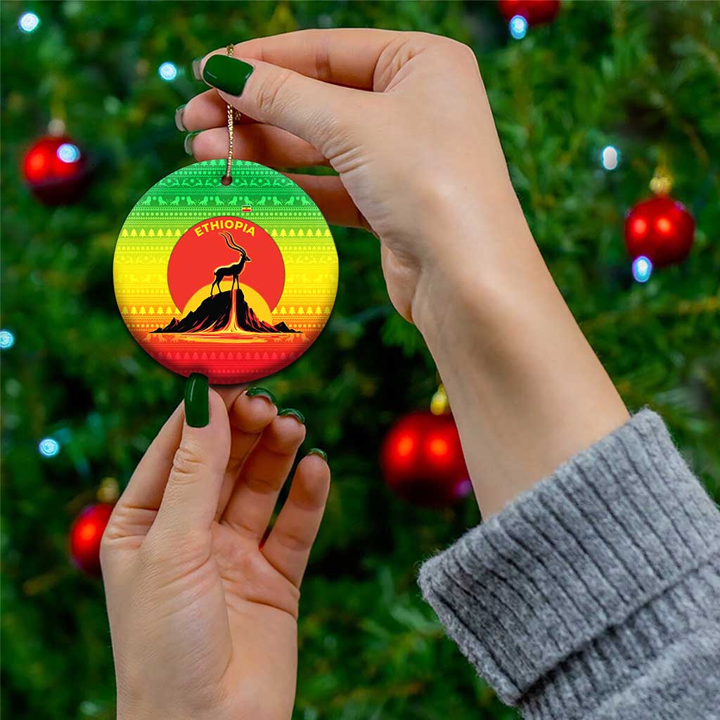 Ethiopia Christmas Ceramic Ornament with Mountain Gazelle Sunset Ethiopian Flag Colors and Tribal Pattern Design - Wonder Print Shop