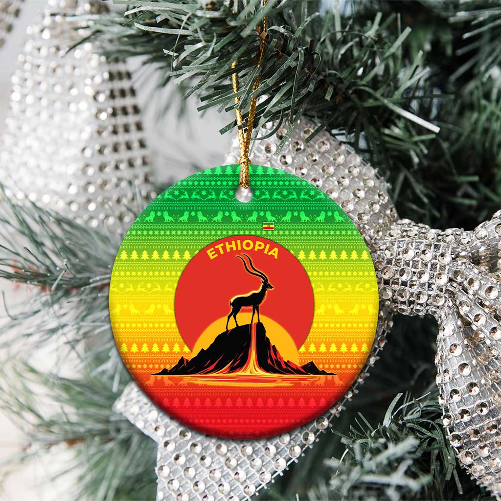 Ethiopia Christmas Ceramic Ornament with Mountain Gazelle Sunset Ethiopian Flag Colors and Tribal Pattern Design - Wonder Print Shop