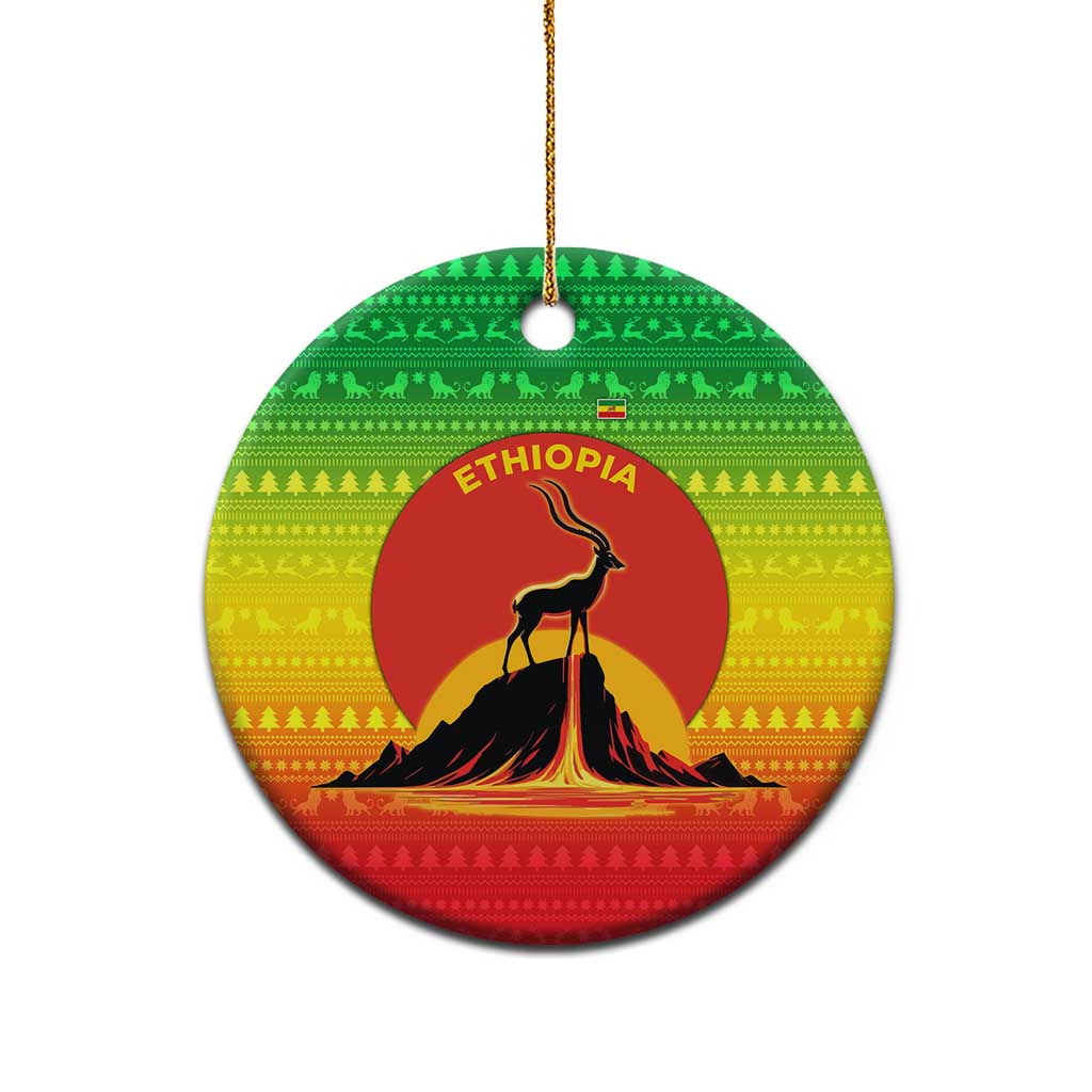 Ethiopia Christmas Ceramic Ornament with Mountain Gazelle Sunset Ethiopian Flag Colors and Tribal Pattern Design - Wonder Print Shop