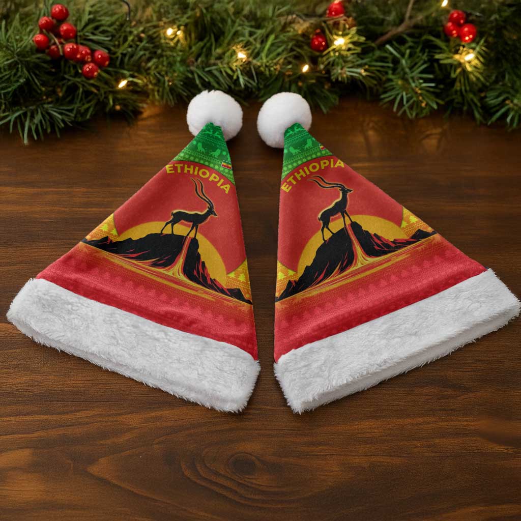 Ethiopia Christmas Santa Hat with Mountain Gazelle Sunset Ethiopian Flag Colors and Tribal Pattern Design - Wonder Print Shop