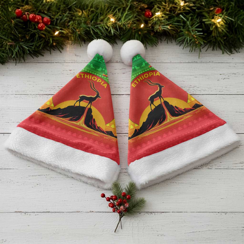 Ethiopia Christmas Santa Hat with Mountain Gazelle Sunset Ethiopian Flag Colors and Tribal Pattern Design - Wonder Print Shop