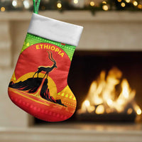Ethiopia Christmas Stocking with Mountain Gazelle Sunset Ethiopian Flag Colors and Tribal Pattern Design - Wonder Print Shop
