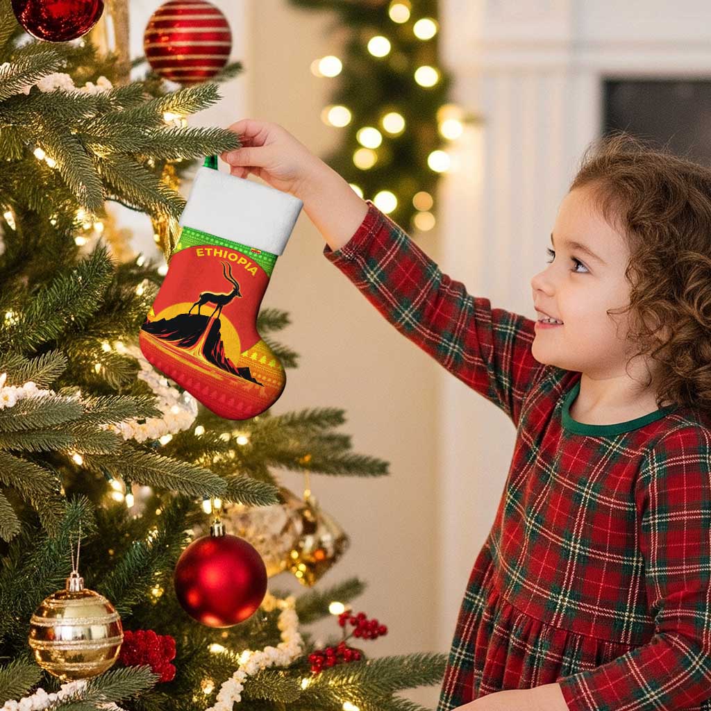 Ethiopia Christmas Stocking with Mountain Gazelle Sunset Ethiopian Flag Colors and Tribal Pattern Design - Wonder Print Shop