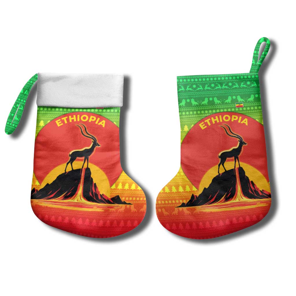 Ethiopia Christmas Stocking with Mountain Gazelle Sunset Ethiopian Flag Colors and Tribal Pattern Design - Wonder Print Shop