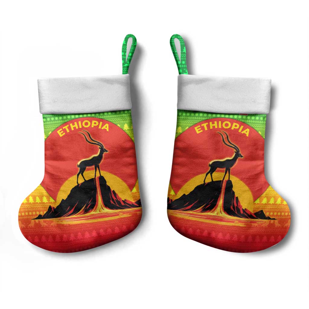 Ethiopia Christmas Stocking with Mountain Gazelle Sunset Ethiopian Flag Colors and Tribal Pattern Design - Wonder Print Shop