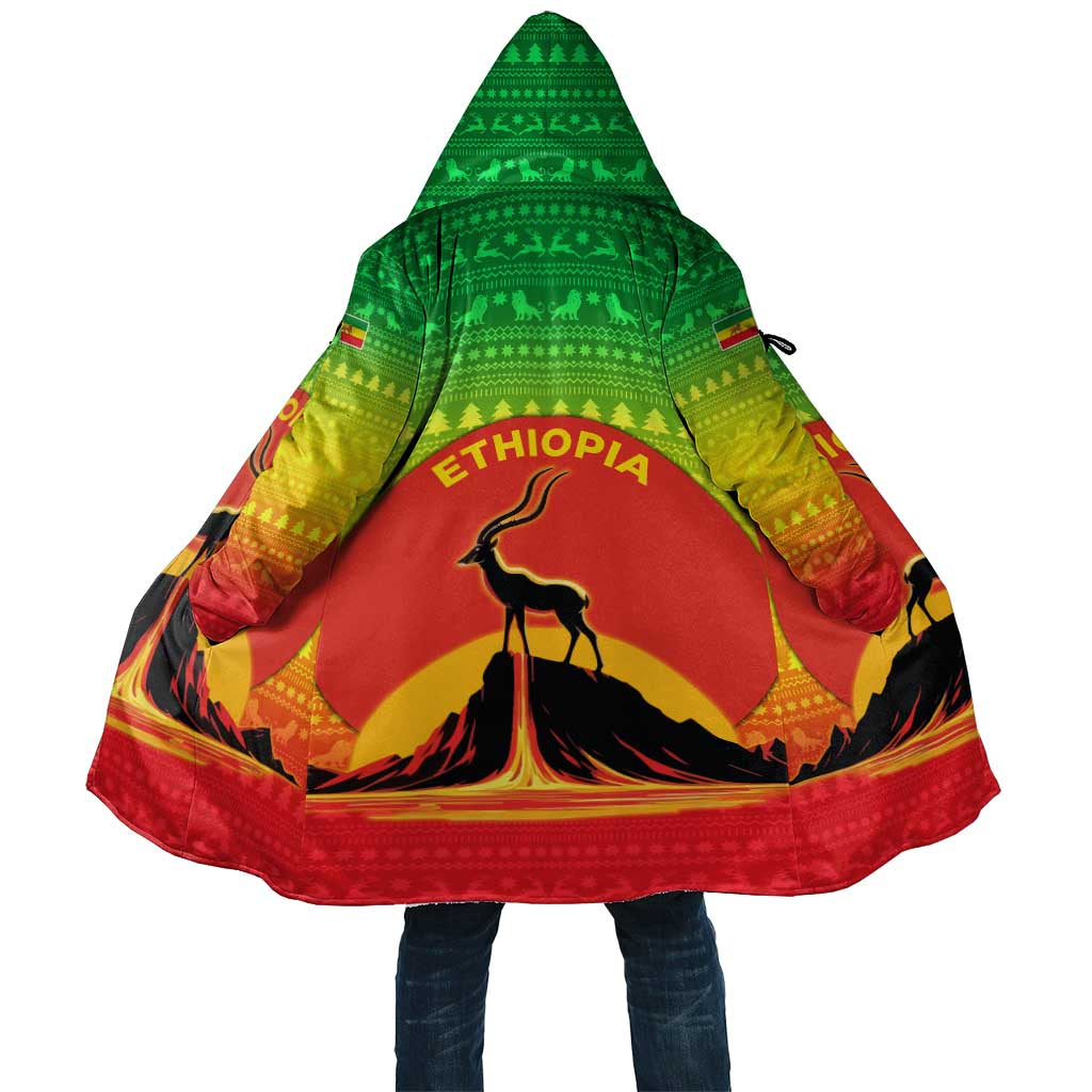 Ethiopia Christmas Cloak with Mountain Gazelle Sunset Ethiopian Flag Colors and Tribal Pattern Design - Wonder Print Shop