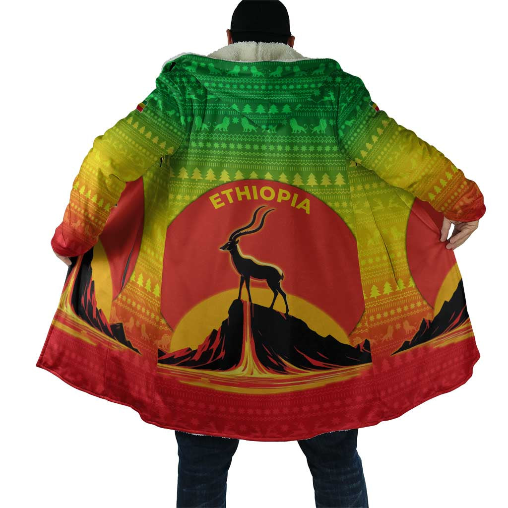 Ethiopia Christmas Cloak with Mountain Gazelle Sunset Ethiopian Flag Colors and Tribal Pattern Design - Wonder Print Shop