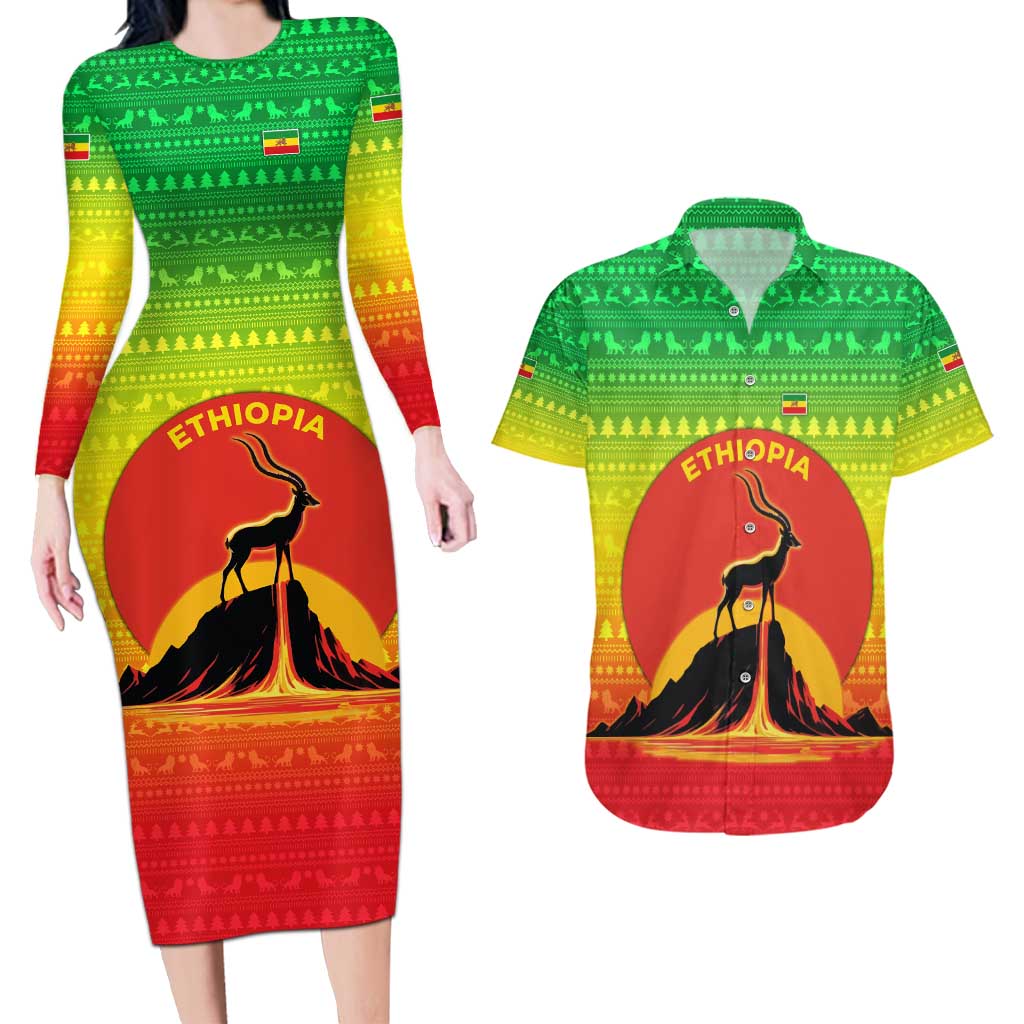 Ethiopia Christmas Couples Matching Long Sleeve Bodycon Dress and Hawaiian Shirt with Mountain Gazelle Sunset Ethiopian Flag Colors and Tribal Pattern Design - Wonder Print Shop
