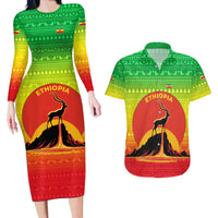 Ethiopia Christmas Couples Matching Long Sleeve Bodycon Dress and Hawaiian Shirt with Mountain Gazelle Sunset Ethiopian Flag Colors and Tribal Pattern Design - Wonder Print Shop