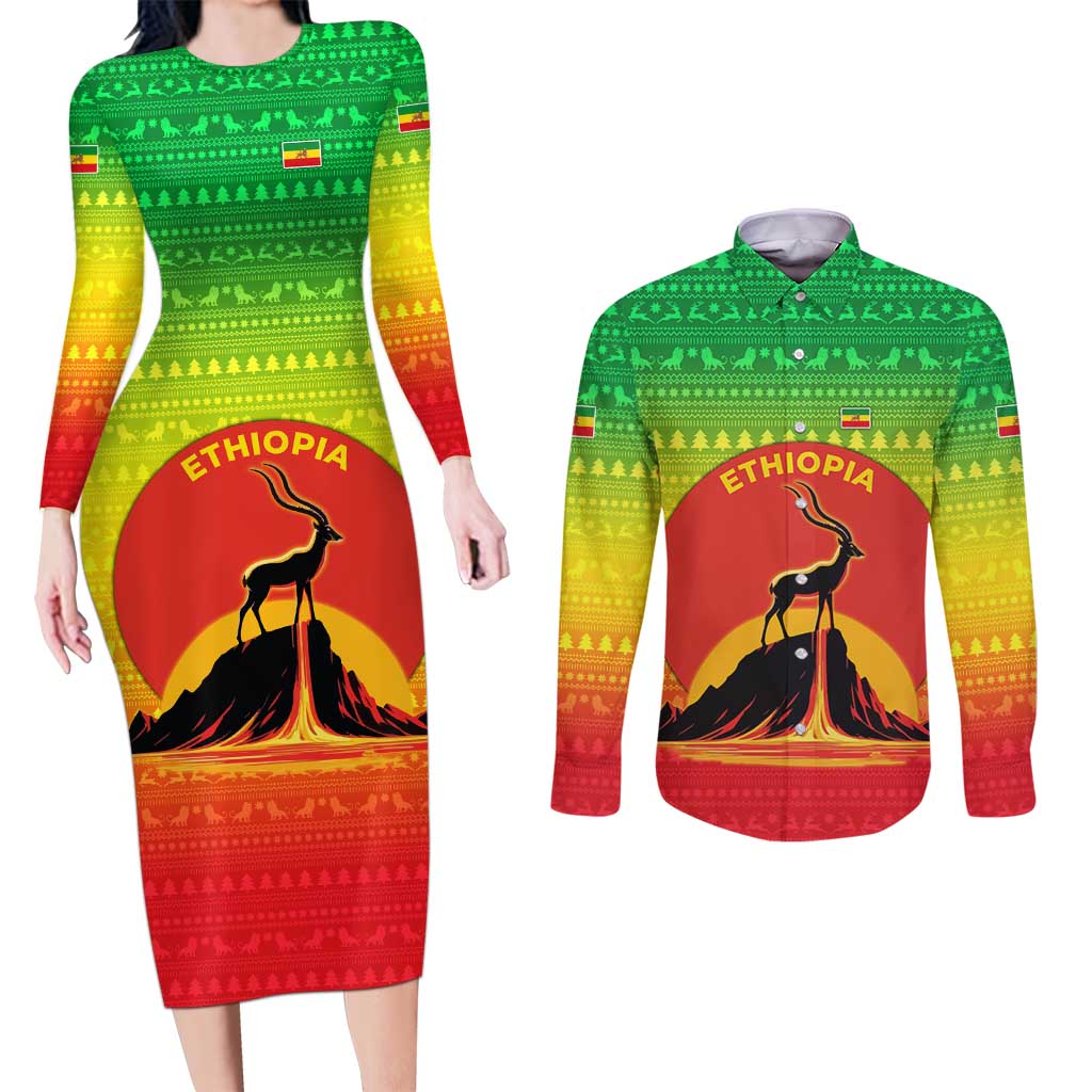 Ethiopia Christmas Couples Matching Long Sleeve Bodycon Dress and Long Sleeve Button Shirt with Mountain Gazelle Sunset Ethiopian Flag Colors and Tribal Pattern Design - Wonder Print Shop
