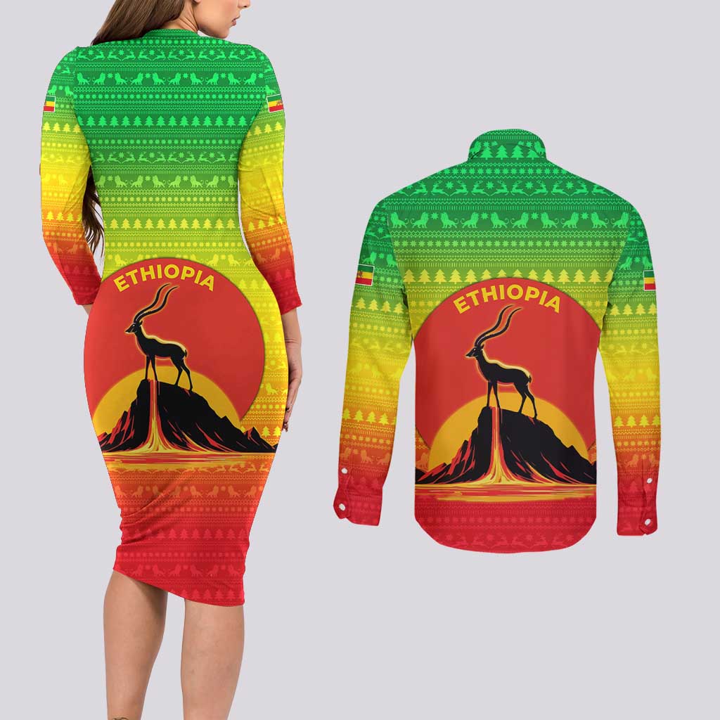Ethiopia Christmas Couples Matching Long Sleeve Bodycon Dress and Long Sleeve Button Shirt with Mountain Gazelle Sunset Ethiopian Flag Colors and Tribal Pattern Design - Wonder Print Shop