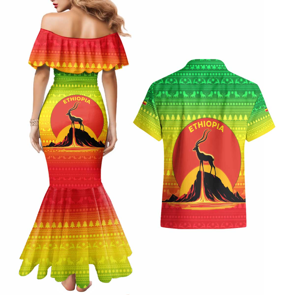 Ethiopia Christmas Couples Matching Mermaid Dress and Hawaiian Shirt with Mountain Gazelle Sunset Ethiopian Flag Colors and Tribal Pattern Design - Wonder Print Shop