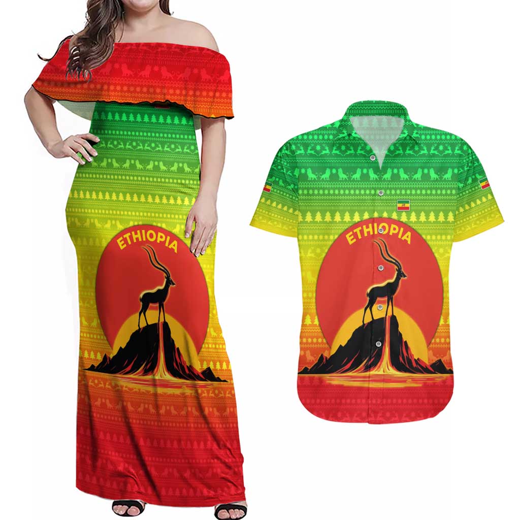 Ethiopia Christmas Couples Matching Off Shoulder Maxi Dress and Hawaiian Shirt with Mountain Gazelle Sunset Ethiopian Flag Colors and Tribal Pattern Design - Wonder Print Shop