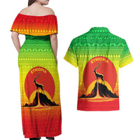 Ethiopia Christmas Couples Matching Off Shoulder Maxi Dress and Hawaiian Shirt with Mountain Gazelle Sunset Ethiopian Flag Colors and Tribal Pattern Design - Wonder Print Shop