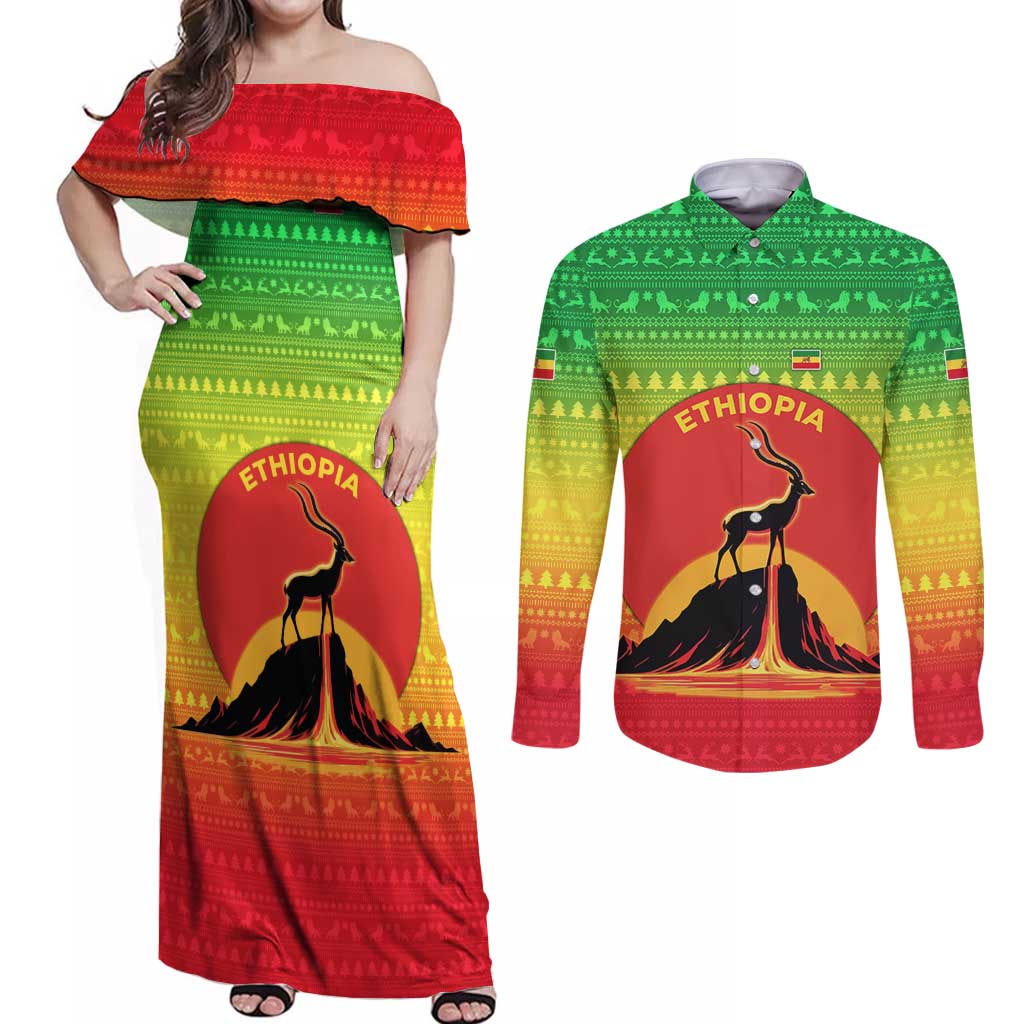 Ethiopia Christmas Couples Matching Off Shoulder Maxi Dress and Long Sleeve Button Shirt with Mountain Gazelle Sunset Ethiopian Flag Colors and Tribal Pattern Design - Wonder Print Shop