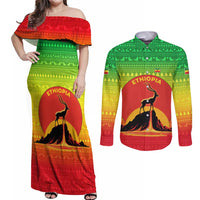 Ethiopia Christmas Couples Matching Off Shoulder Maxi Dress and Long Sleeve Button Shirt with Mountain Gazelle Sunset Ethiopian Flag Colors and Tribal Pattern Design - Wonder Print Shop