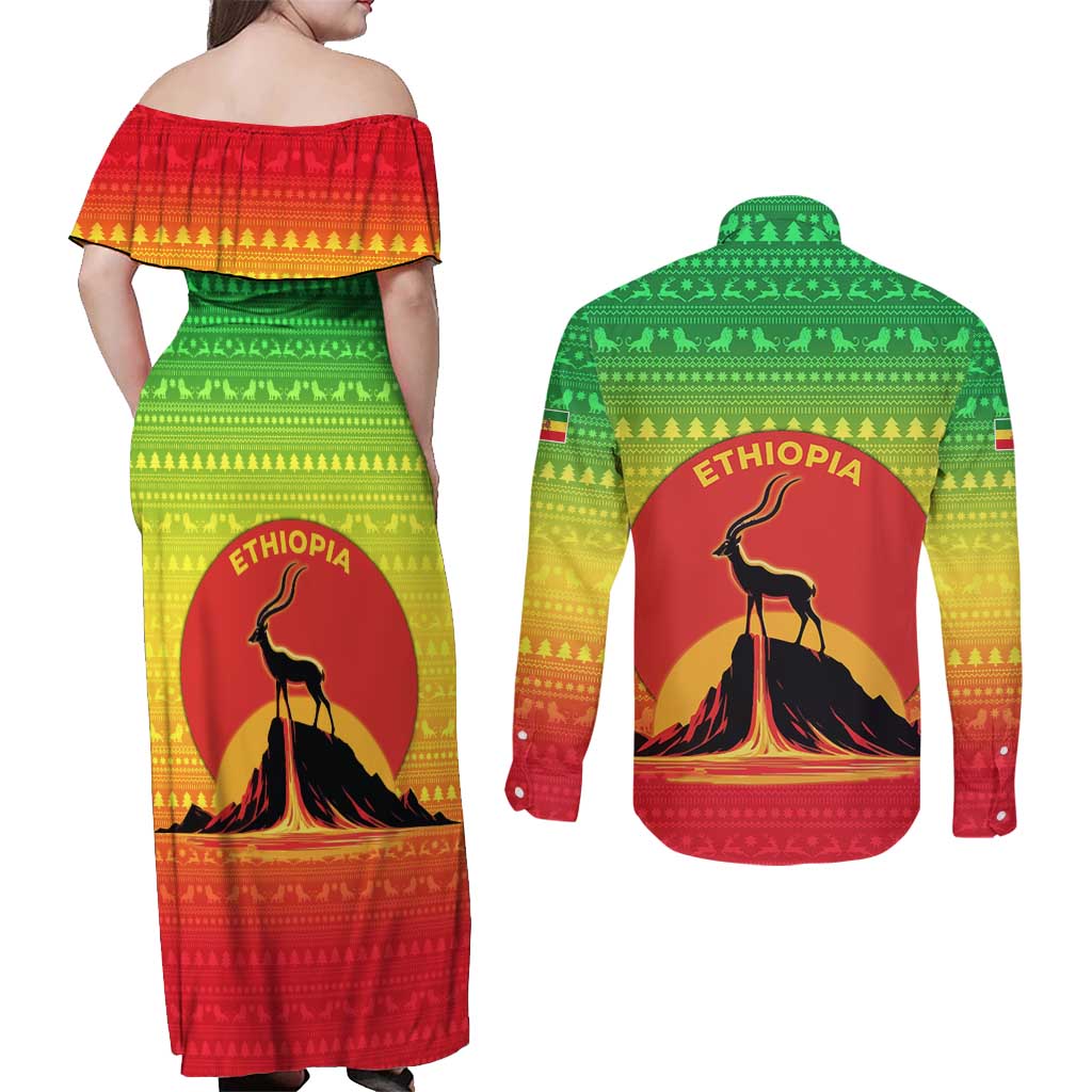 Ethiopia Christmas Couples Matching Off Shoulder Maxi Dress and Long Sleeve Button Shirt with Mountain Gazelle Sunset Ethiopian Flag Colors and Tribal Pattern Design - Wonder Print Shop