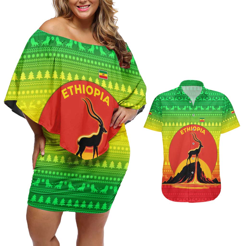 Ethiopia Christmas Couples Matching Off Shoulder Short Dress and Hawaiian Shirt with Mountain Gazelle Sunset Ethiopian Flag Colors and Tribal Pattern Design - Wonder Print Shop