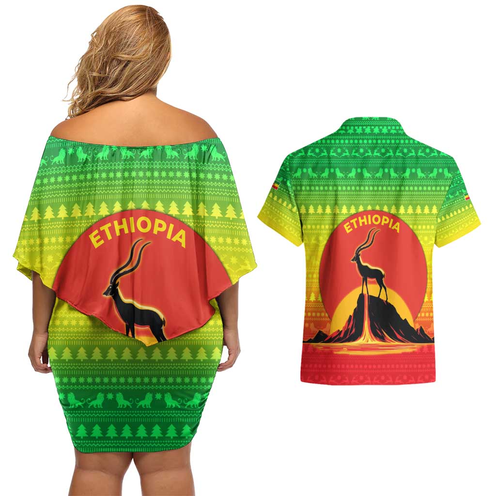 Ethiopia Christmas Couples Matching Off Shoulder Short Dress and Hawaiian Shirt with Mountain Gazelle Sunset Ethiopian Flag Colors and Tribal Pattern Design - Wonder Print Shop