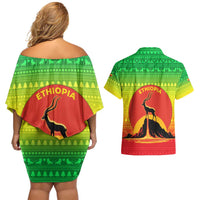Ethiopia Christmas Couples Matching Off Shoulder Short Dress and Hawaiian Shirt with Mountain Gazelle Sunset Ethiopian Flag Colors and Tribal Pattern Design - Wonder Print Shop