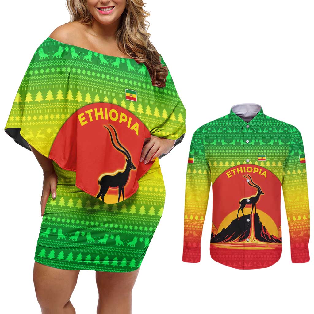 Ethiopia Christmas Couples Matching Off Shoulder Short Dress and Long Sleeve Button Shirt with Mountain Gazelle Sunset Ethiopian Flag Colors and Tribal Pattern Design - Wonder Print Shop