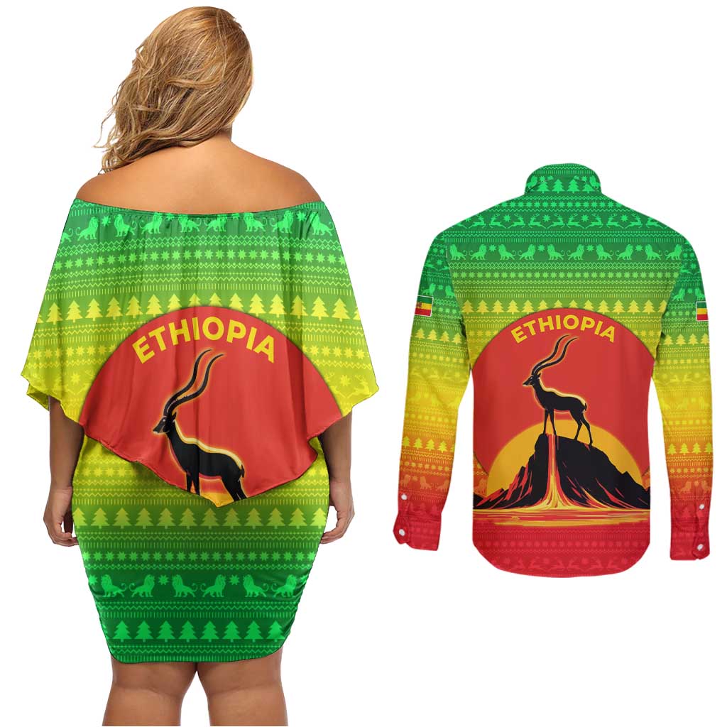 Ethiopia Christmas Couples Matching Off Shoulder Short Dress and Long Sleeve Button Shirt with Mountain Gazelle Sunset Ethiopian Flag Colors and Tribal Pattern Design - Wonder Print Shop