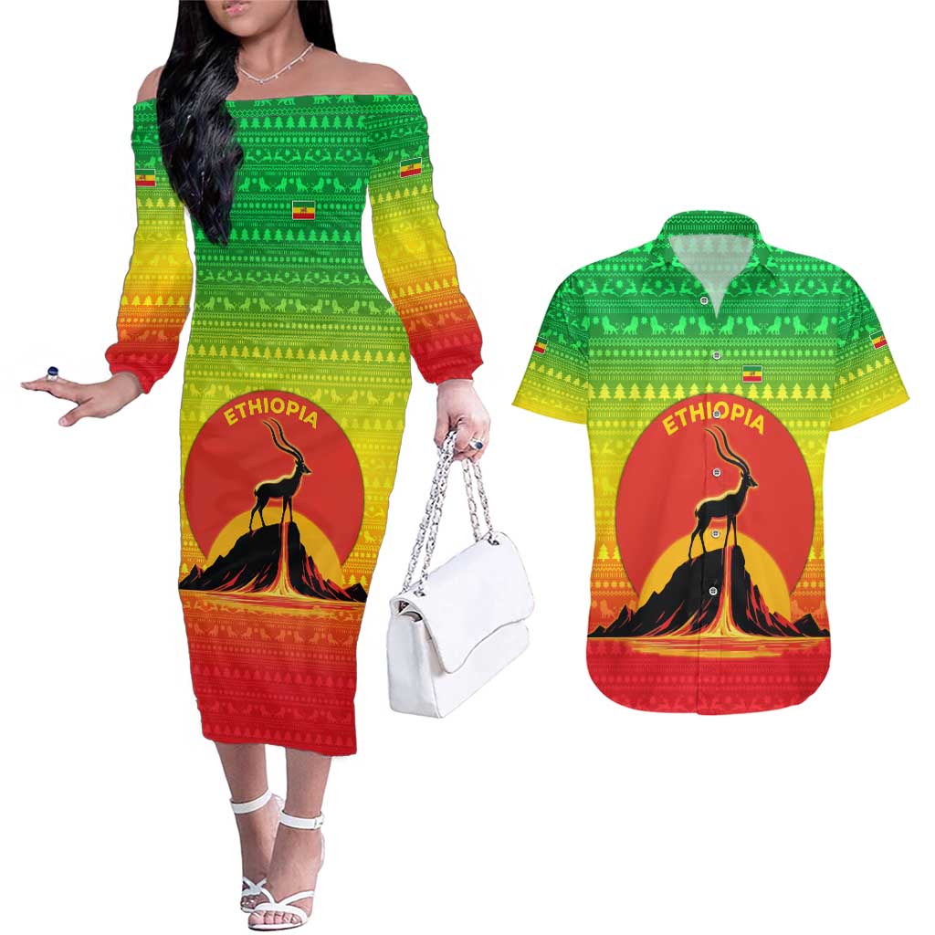 Ethiopia Christmas Couples Matching Off The Shoulder Long Sleeve Dress and Hawaiian Shirt with Mountain Gazelle Sunset Ethiopian Flag Colors and Tribal Pattern Design - Wonder Print Shop