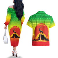 Ethiopia Christmas Couples Matching Off The Shoulder Long Sleeve Dress and Hawaiian Shirt with Mountain Gazelle Sunset Ethiopian Flag Colors and Tribal Pattern Design - Wonder Print Shop